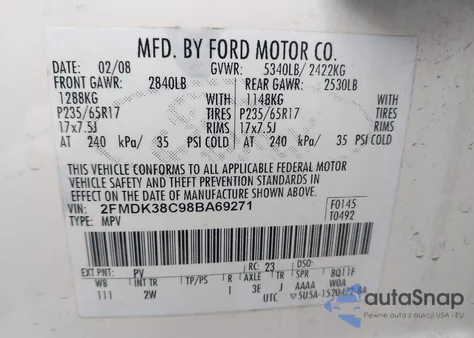 2008 Ford Edge Sel z USA, uszkodzony, nr VIN 2FMDK38C98BA69271